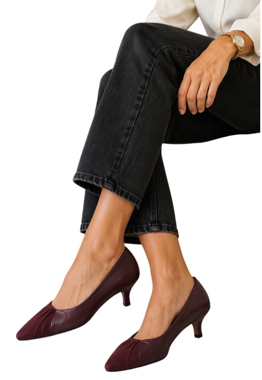 Stefani Collection Burgundy Leather Suede Kitten Heel Pumps Women's 7.5M